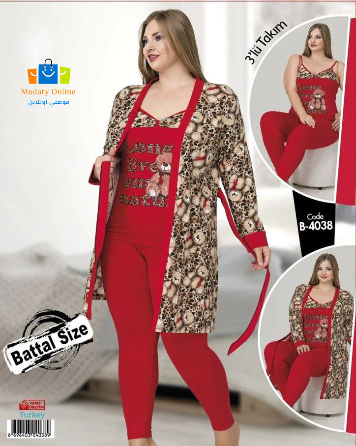 [110102007-4038] طقم بيجاما 3  قطع كيمونو قطن